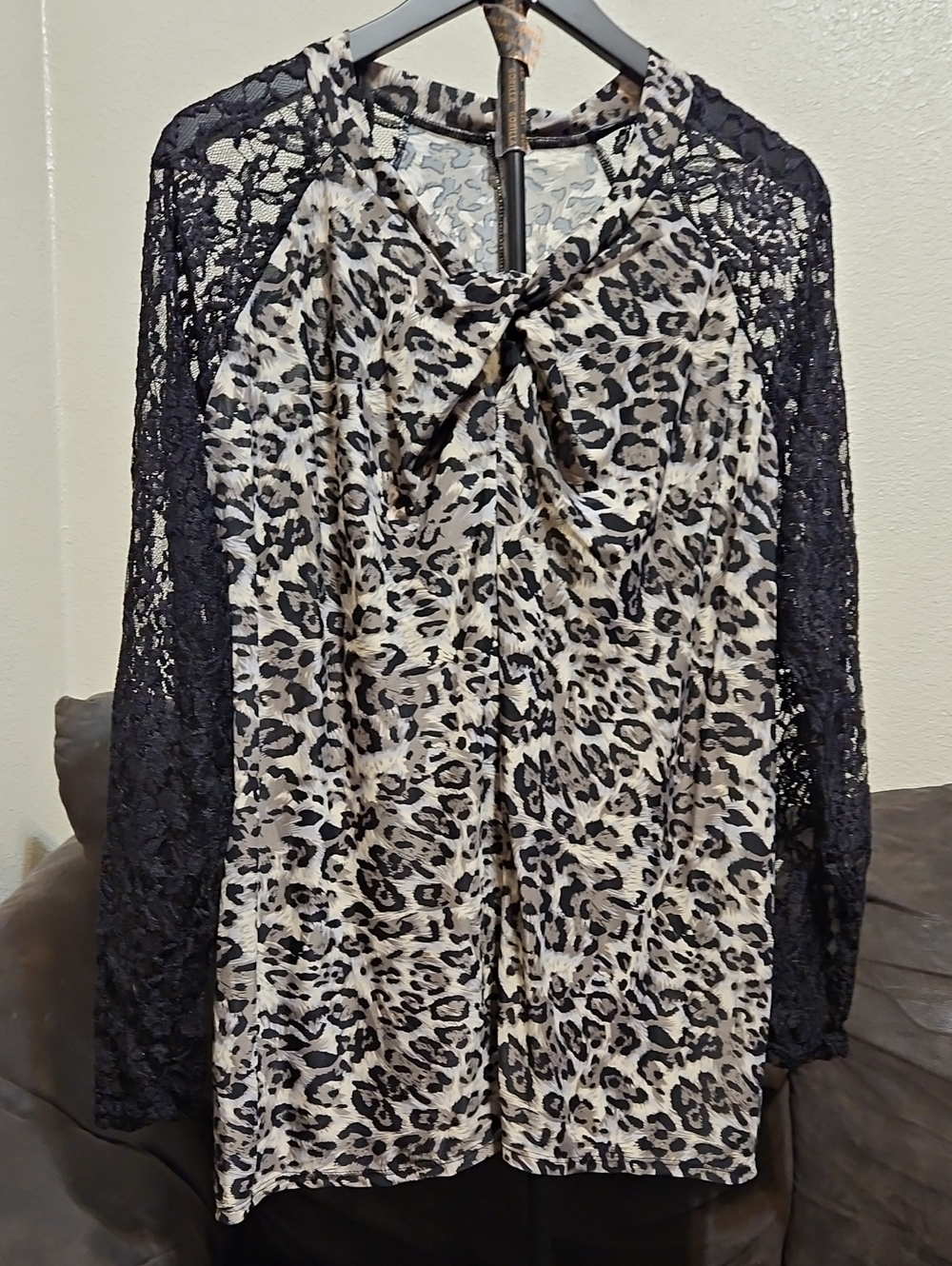Leopard Print Lace-Sleeve Tie-Neck Long Sleeve Top - Black/Cream